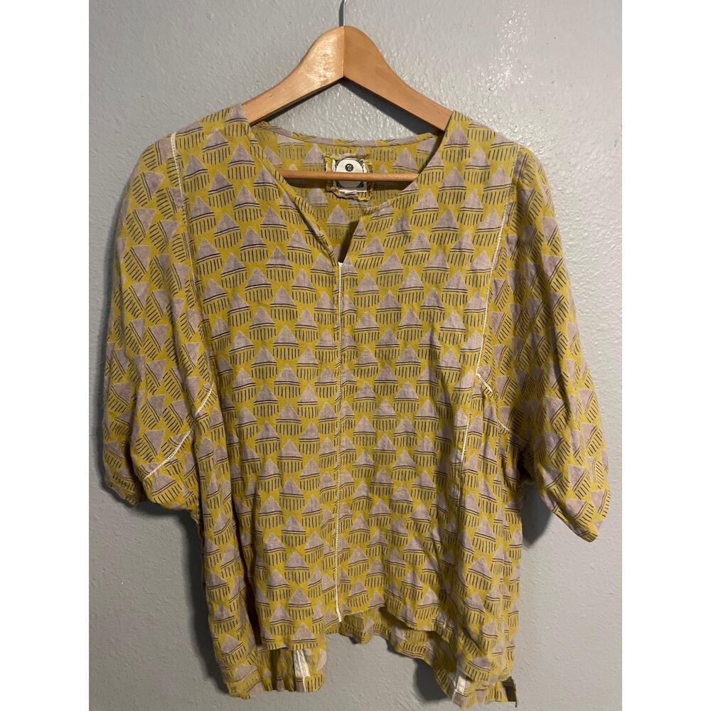 Namsar Top Womens S/M Yellow Linen Geometric Kimono Sleeve Blouse Lagenlook